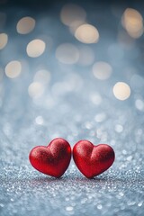 Obraz premium Two red hearts on a glittering background with bokeh lights, a romantic Valentine's Day background, a love concept. 