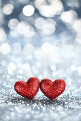 Obraz premium Two red hearts on a glittering background with bokeh lights, a romantic Valentine's Day background, a love concept. 