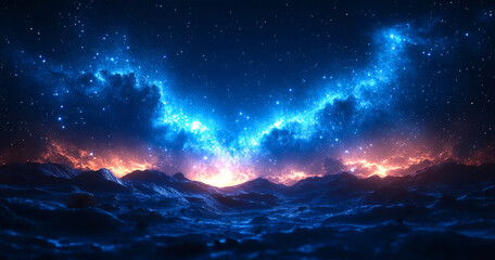 Fototapeta premium A blue and orange sky with stars and a large cloud. The sky is filled with stars and the clouds are orange