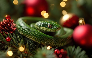 Fototapeta premium green snake christmas background 