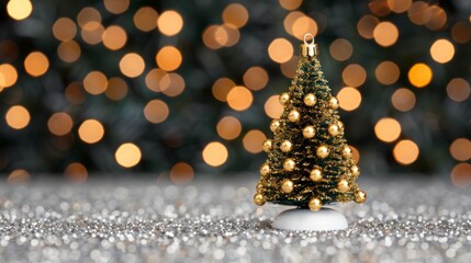 Miniature Christmas tree with golden ornaments.