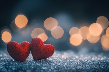 Fototapeta premium Two red hearts on a glittering background with bokeh lights, a romantic Valentine's Day background, a love concept. 