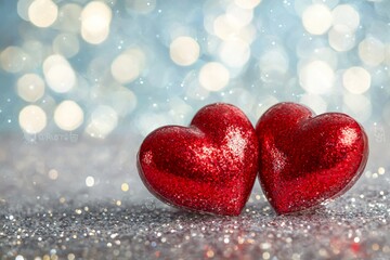 Fototapeta premium Two red hearts on a glittering background with bokeh lights, a romantic Valentine's Day background, a love concept. 