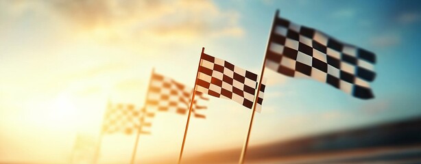 Checkered racing flags flutter in the breeze, symbolizing competition and speed under a warm sunset sky.