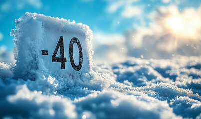 Ice block with bold "-40" written on its frosty surface. Bright sunlight and snowy background enhance the winter atmosphere. Symbolizes extreme cold, winter temperatures, and frozen landscapes