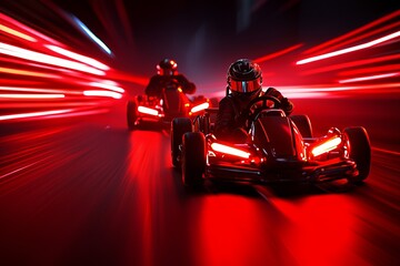 Obraz premium Exciting go-kart racing with dynamic motion effects and vibrant red lights capturing speed and adrenaline.