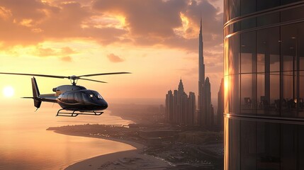 Vip helicopter transport for executives dubai aerial view urban skyline at sunset luxury travel experience