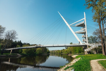 Aerial view of Pedestrian and Bicycle Footbridge. Owinska, Poland
