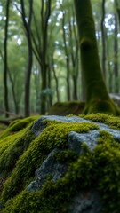 Moss-covered rock rests in a lush forest during the day