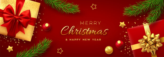 Christmas banner. Realistic gift boxes with red and golden bows, stars, balls, pine branches. Xmas background, horizontal christmas poster, greeting cards, headers website. Vector illustration.