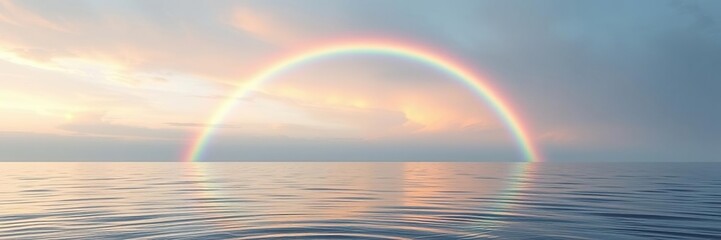 A tranquil abstract water platform with a vibrant rainbow arc stretching across the horizon, vibrant colors, colorful optics