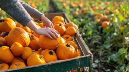 Pumpkin in farmland in Fall. Seasonal theme for greeting card background.