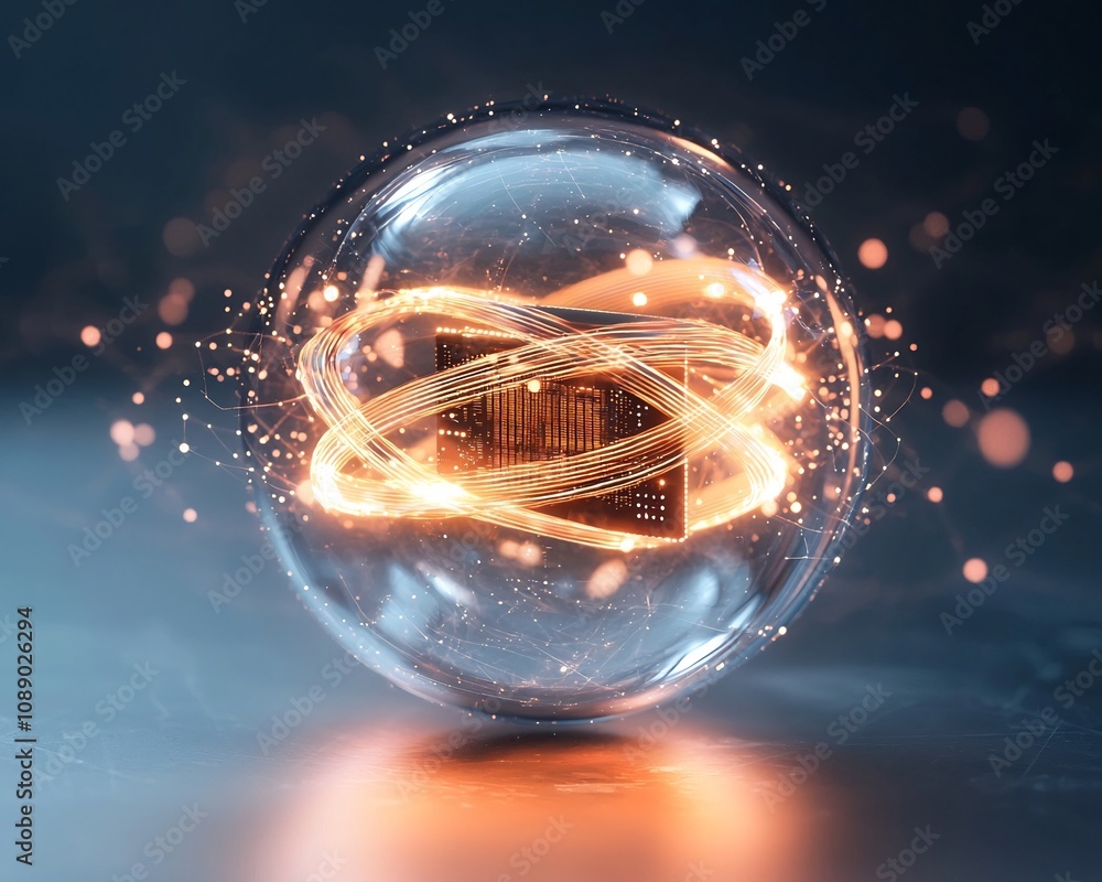Poster quantum chip encased in transparent globe with glowing energy waves representing quantum data proces