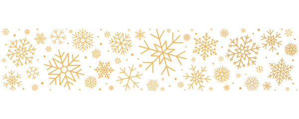 Creative border of gold snowflakes for Christmas decorations. Xmas vector background with golden snow and circles confetti pattern