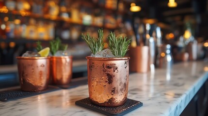 Copper Mugs with Rosemary Garnish on a Bar Counter
