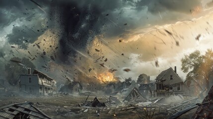 Fototapeta premium Powerful tornado approaching and destroying a residential area with lightning and heavy rain
