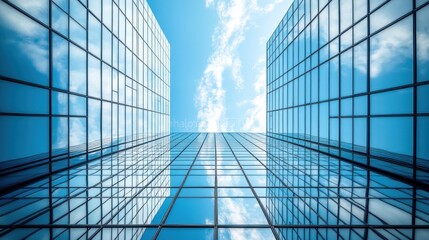 Obraz premium Two tall buildings with a clear blue sky in the background. The sky is dotted with clouds. The buildings are made of glass