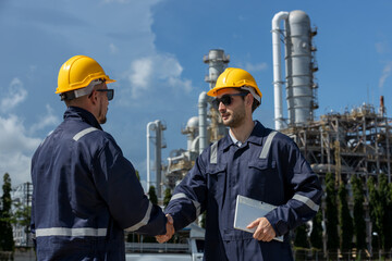 Team professional electrical engineer safety uniform shaking hand working together at station refining oil petrochemical. Industrial factory site control energy power station.