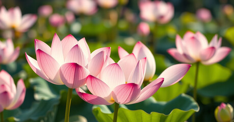 Obraz premium Beautiful Pink Lotus Flowers and Leaves in a Sunlit Pond.
