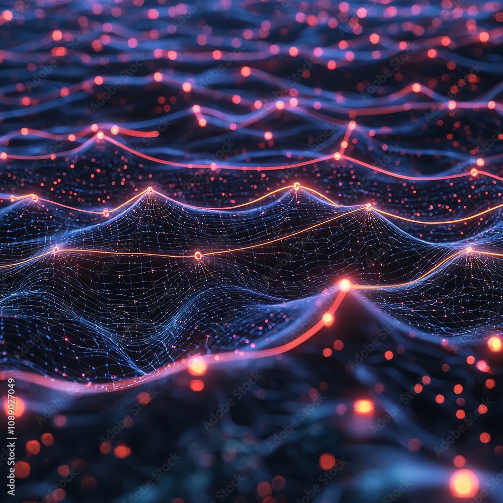 Poster glowing quantum pathways across a digital neural network