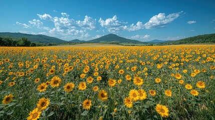 Fototapeta premium Sunflowers Field Summer Landscape Rolling Hills Blue Sky