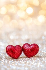 Fototapeta premium Two red hearts on a glittering background with bokeh lights, a romantic Valentine's Day background, a love concept. 