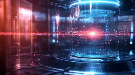 Futuristic Quantum Computer in Glowing Glass Chamber Observed by Scientists in Real Time