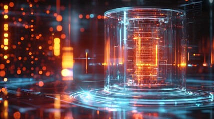 Futuristic Quantum Computer Encased in Glowing Glass Chamber Under Scientist Observation