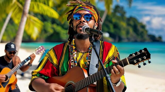 Reggae Musician Performing on Tropical Beach