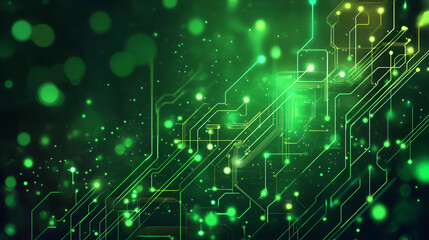 Obraz premium abstract green background decorated with shamrock leaves , Futuristic abstract technology background with bright green lights blurred , technology circuit over black background , global technology 