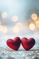 Obraz premium Two red hearts on a glittering background with bokeh lights, a romantic Valentine's Day background, a love concept. 