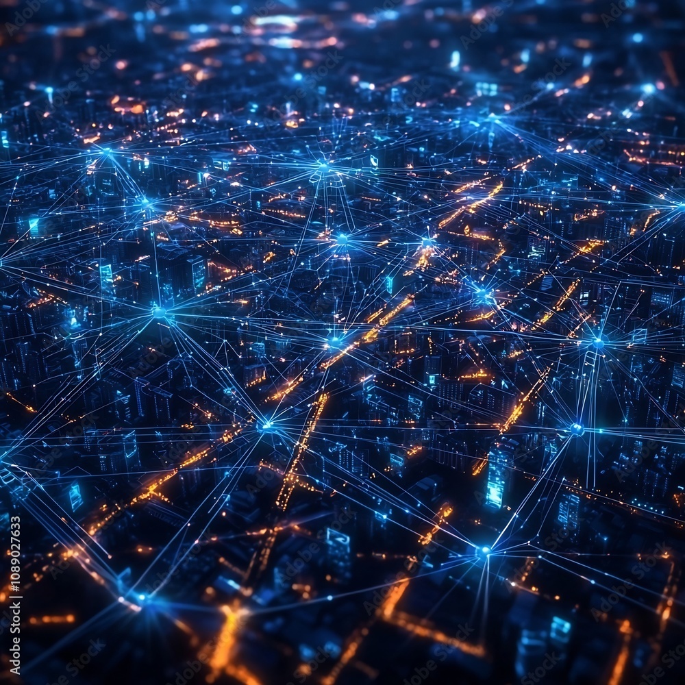 Poster futuristic quantum network connecting global quantum computers with glowing data strands