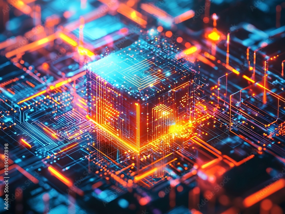 Poster glowing quantum computer circuits visualizing data transfer and entanglement