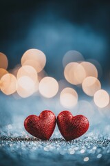 Obraz premium Two red hearts on a glittering background with bokeh lights, a romantic Valentine's Day background, a love concept. 