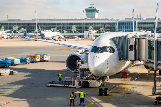 Munich, Germany - November 01, 2024: Preparing the aircraft for flight at Munich International Airport MUC.