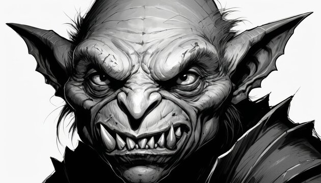 Angry goblin face in black and white illustration with fierce expression and details