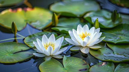 White water lilies float on water. This photo captures the serenity and beauty of nature, perfect for projects about peace, tranquility, and growth.