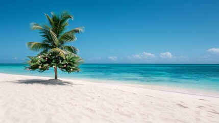 Obraz premium Serene beach with palm tree and clear blue water.