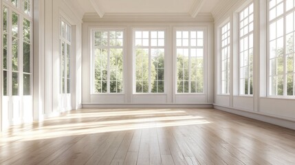 A large room with white walls and wooden floors. There are two windows in the room. The room is empty and has a lot of natural light