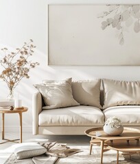 A minimalist living room interior with a white sofa, a wooden coffee table, a vase with dried flowers, and a rug