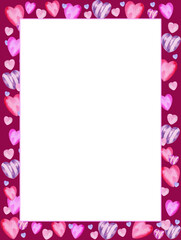 vertical white frame with heart to Valentine day, watercolor hand draw illustration of pink and lilac different hearts on purple background, for Valentine party decoration, cards, invitation