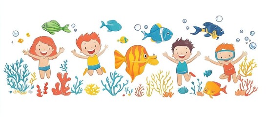 Fototapeta premium Children Swimming with Fish in the Sea