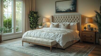 Here's a  and keyword list for your stock photo... Luxurious bedroom with large bed, upholstered headboard, and natural light.