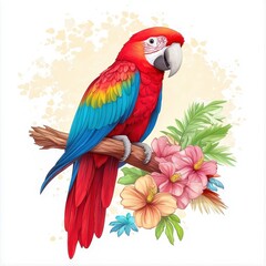 Obraz premium A vibrant scarlet macaw perched on a branch with colorful flowers, showcasing its striking feathers and nature's beauty.