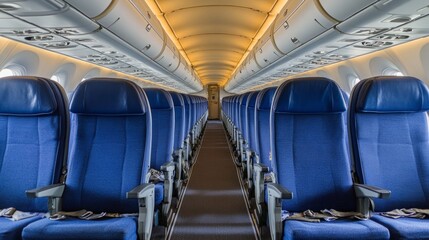 Fototapeta premium Empty Economy Class Cabin of Passenger Airplane with Blue Seats and Aisle in the Middle