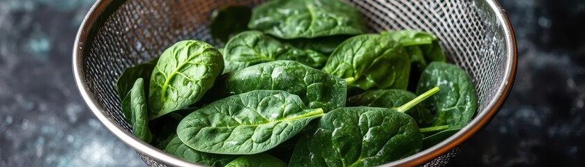 Obraz premium Fresh spinach leaves being washed in a colander, brain-boosting greens, healthy cooking preparation
