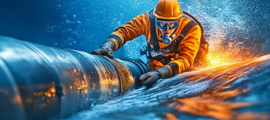 Industrial Diver in Yellow Suit Repairs Underwater Pipeline, Submerged Deep Sea Welding Operation