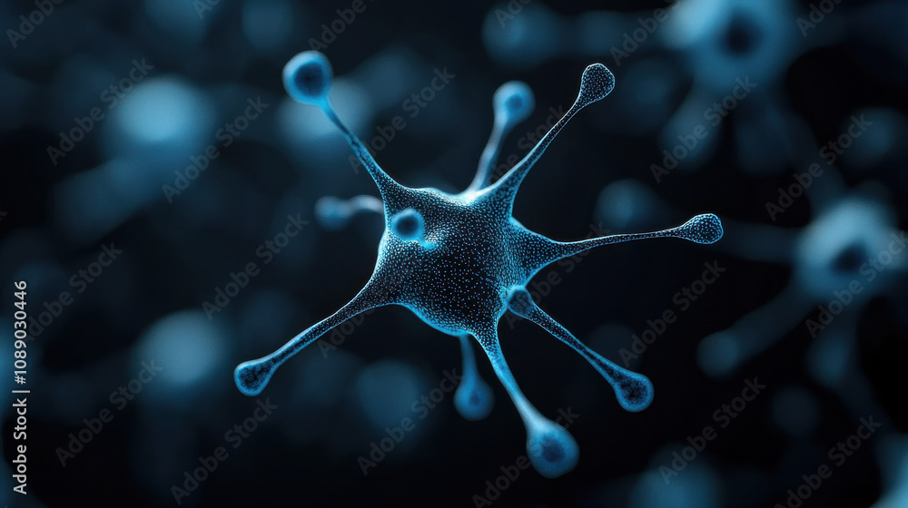 Poster microscopic view of blue cell structure with intricate details, showcasing its unique shape and