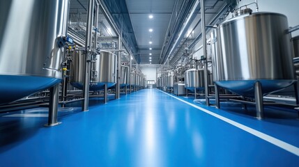 A large industrial building with many tanks and pipes. The tanks are silver and the floor is blue