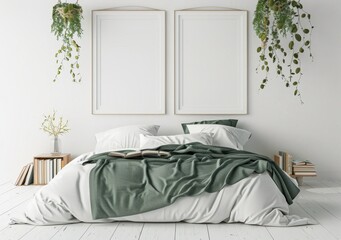 Minimalist bedroom interior with two blank frames, a bed with green bedding, and plants hanging from the ceiling